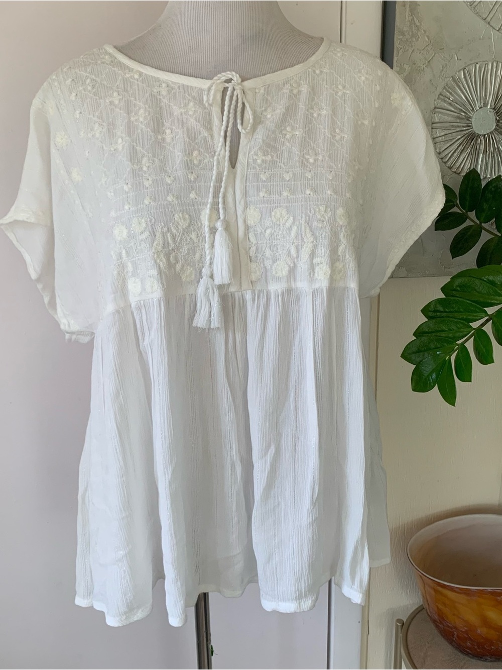 Boho White Embroidered Tie-Front Women's Top